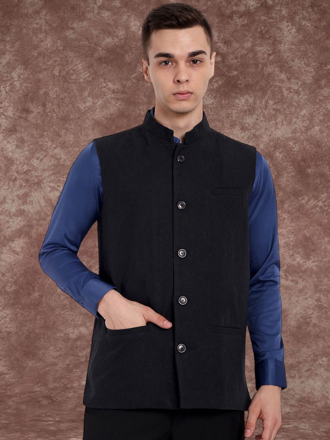 

SKAVIJ Men Mandarin Collar Woven Nehru Jacket, Black