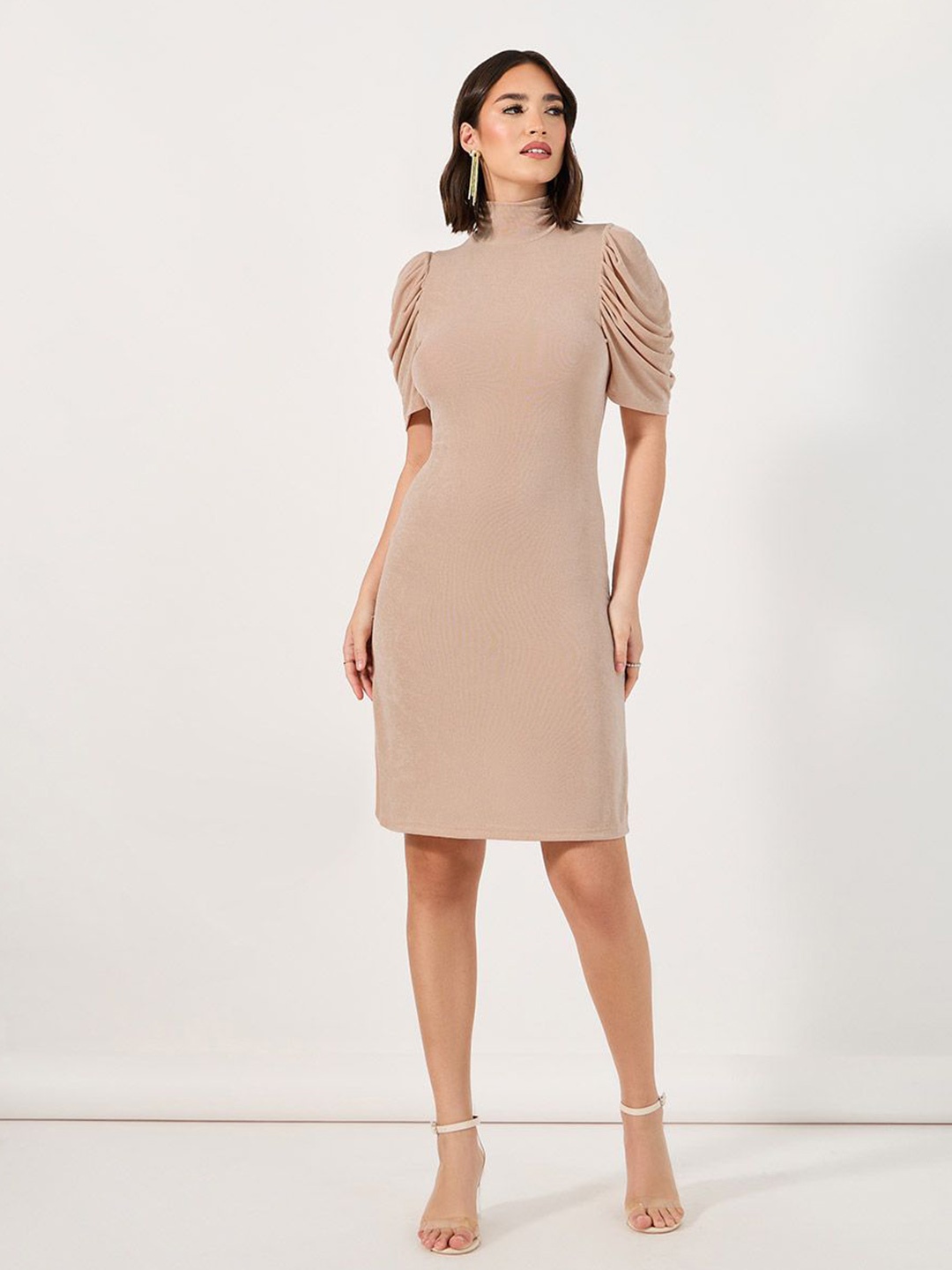

Styli Women Shimmer High Neck A-Line Dress, Beige