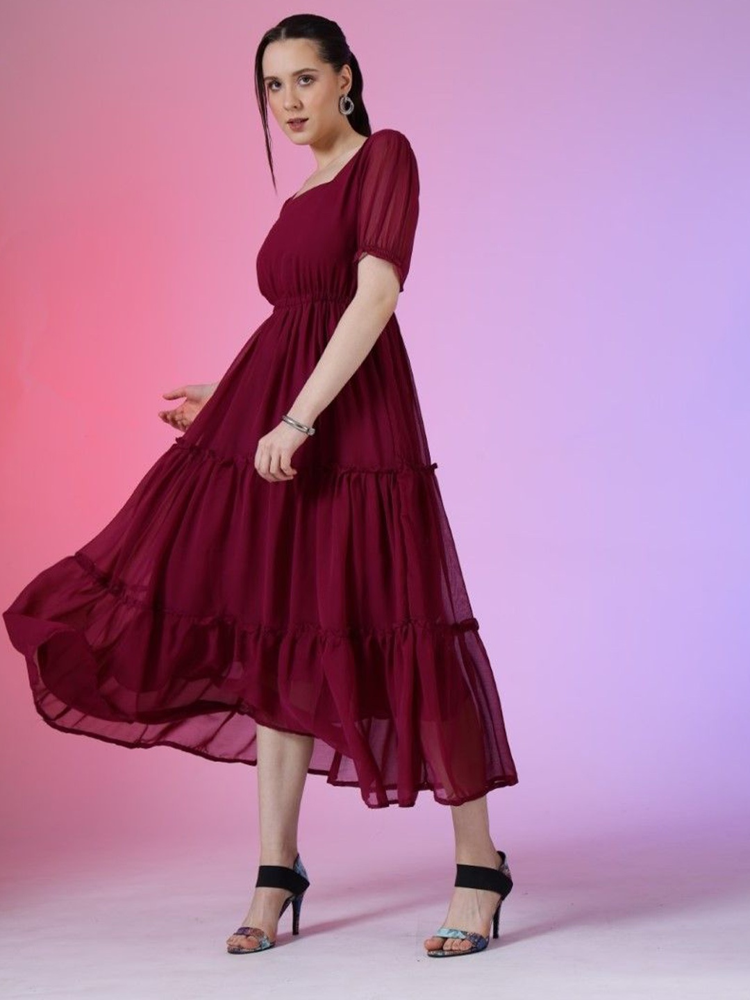 

Femvy Georgette Square Neck Puff Sleeves Tiered Fit & Flare Midi Dress, Magenta