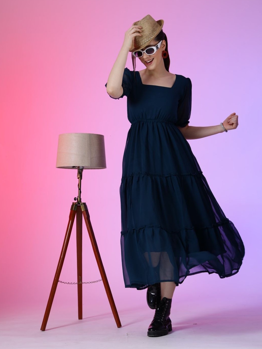 

Femvy Women Puff Sleeve Georgette Fit & Flare Maxi Dress, Navy blue