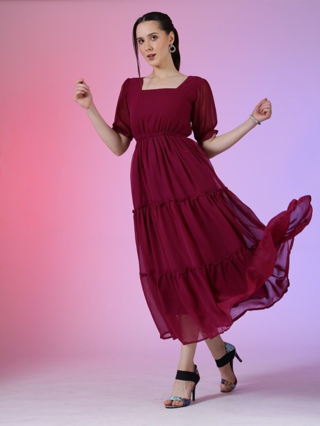

Femvy Women Puff Sleeve Georgette Fit & Flare Maxi Dress, Magenta