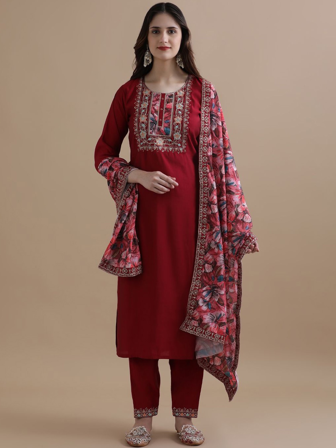 

Jaipur Kurti Women Ethnic Motifs Embroidered Regular Chanderi Cotton Kurta with Trousers & With Dupatta, Maroon