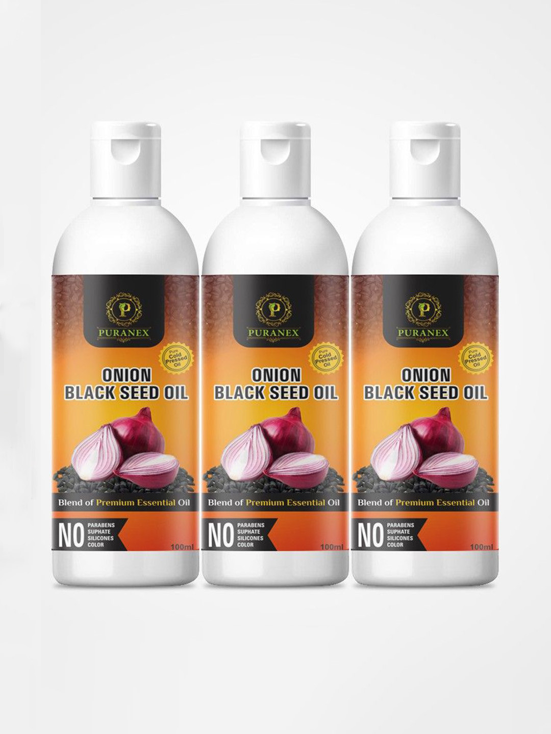 

Puranex Set Of 3 100% Cold Pressed Onion Black Seed Hair Growth Oil - 100 ml Each, Transparent