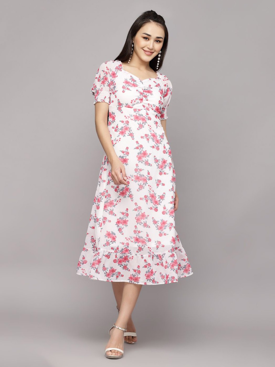 

BAESD Women Floral Printed Georgette A-Line Midi Dress, White