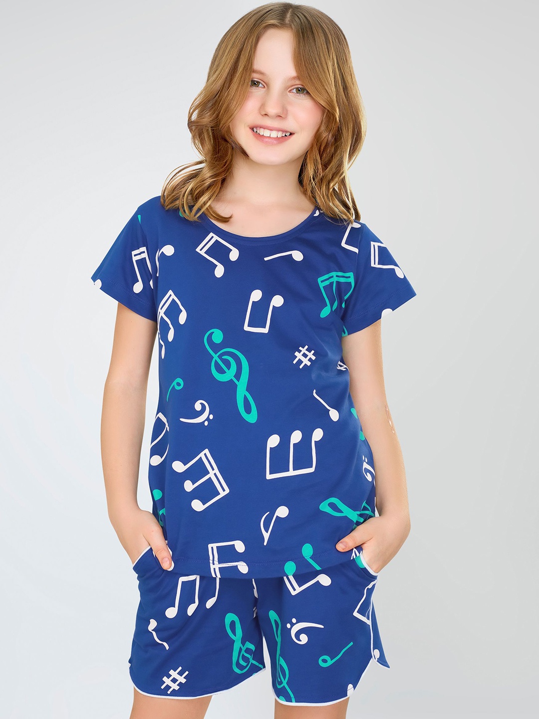 

Zeyo Girls Printed Pure Cotton Night suit, Navy blue