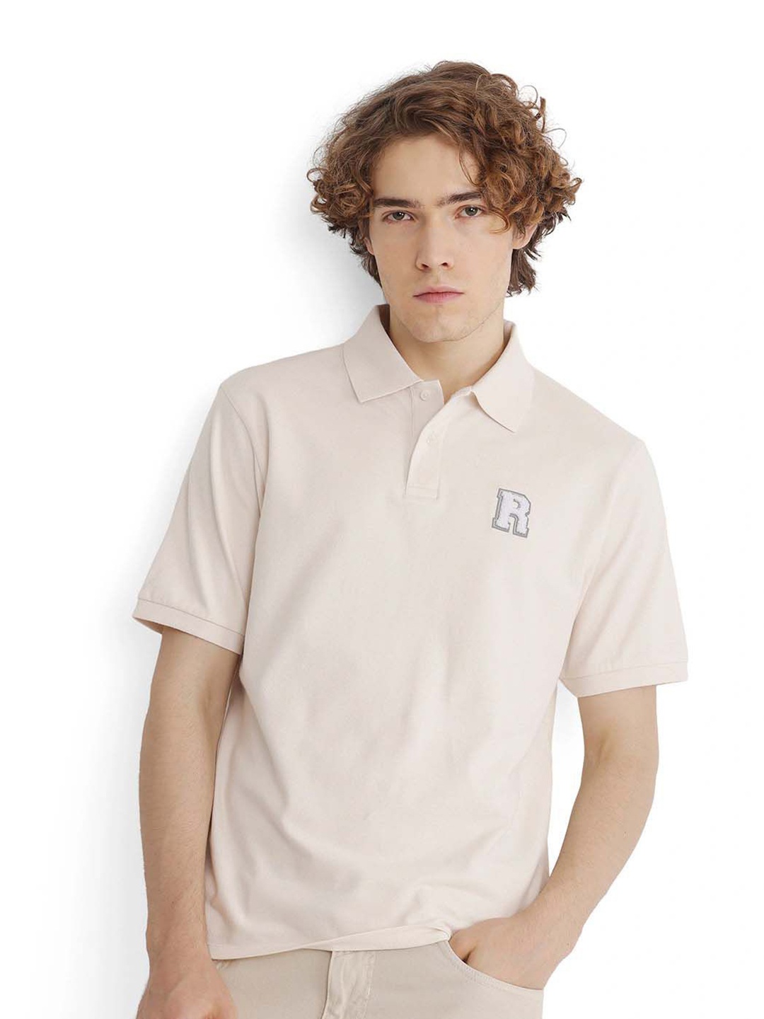 

RARE RABBIT Men Solid Polo Collar Cotton T-shirt, Cream