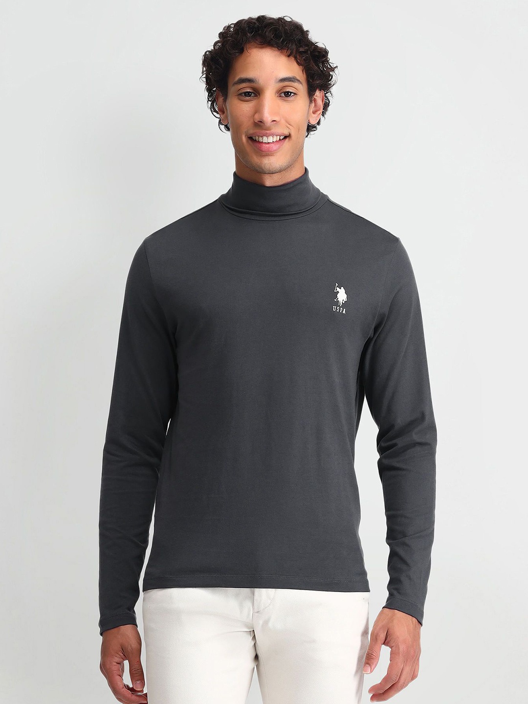 

U.S. Polo Assn. Denim Co. Men Solid Turtle Neck Cotton Slim Fit T-shirt, Grey