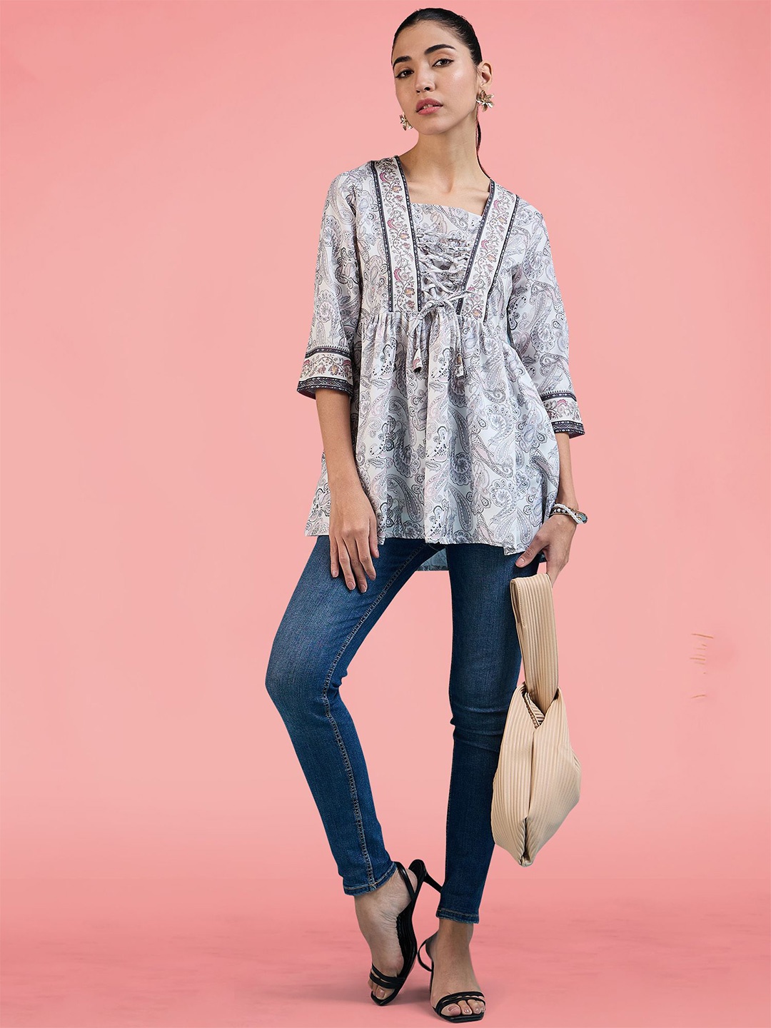 

Winza Designer Women Floral Printed Square Neck Cotton Top, Off white