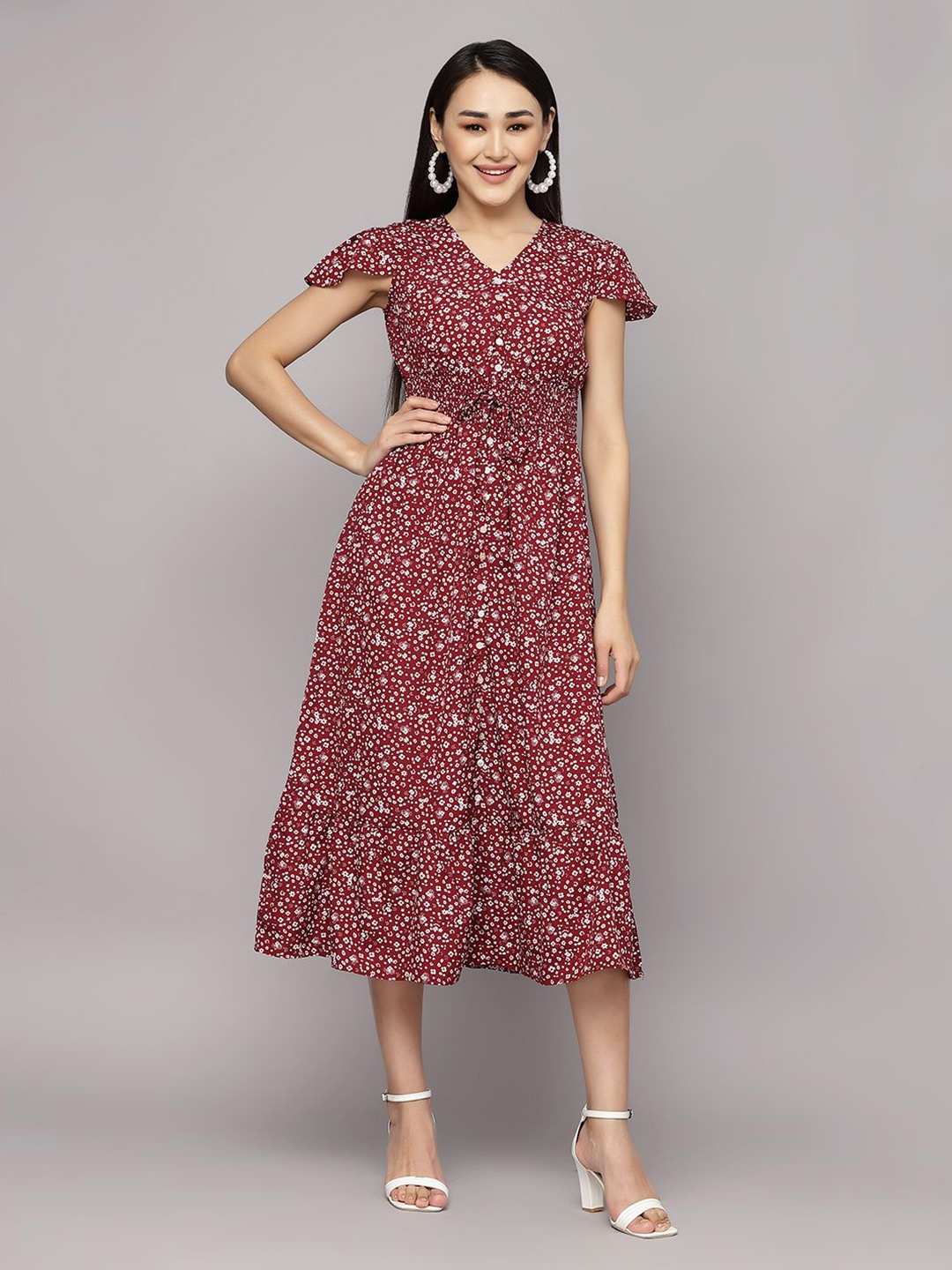 

BAESD Women V-Neck Floral Printed Sleeve A-Line Midi Dress, Maroon