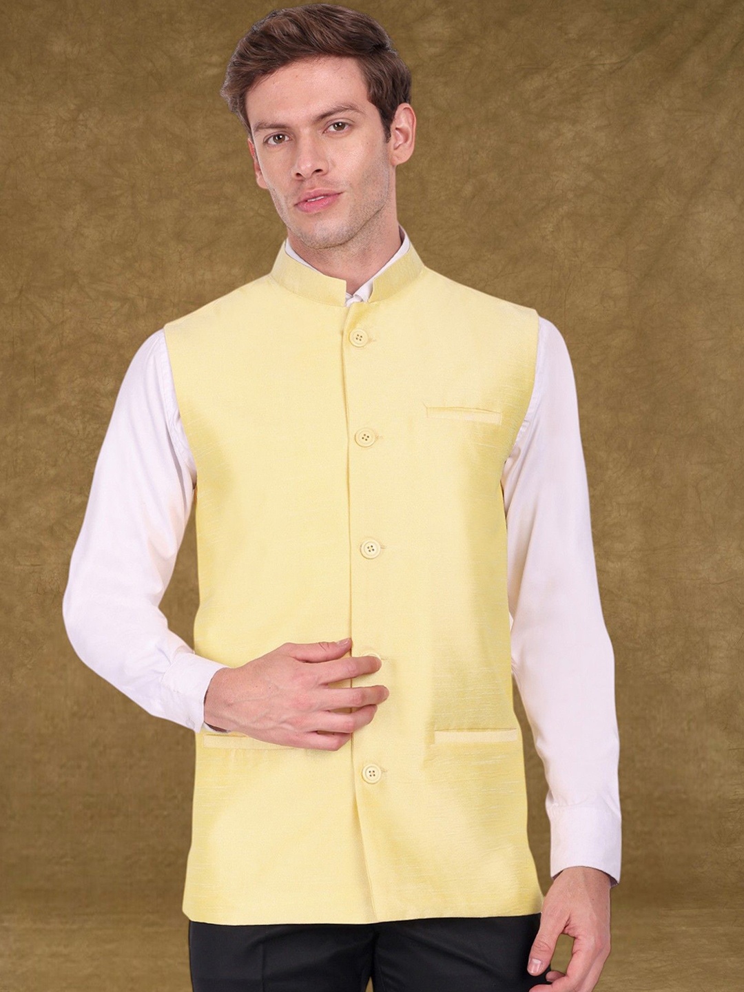 

SKAVIJ Men Mandarin Collar Nehru Jacket, Yellow