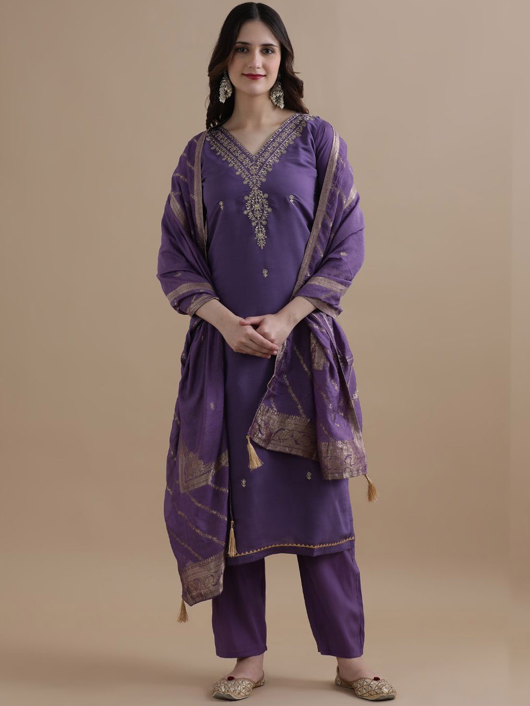 

Jaipur Kurti Women Ethnic Motifs Embroidered Regular Chanderi Cotton Kurta with Trousers & With Dupatta, Lavender