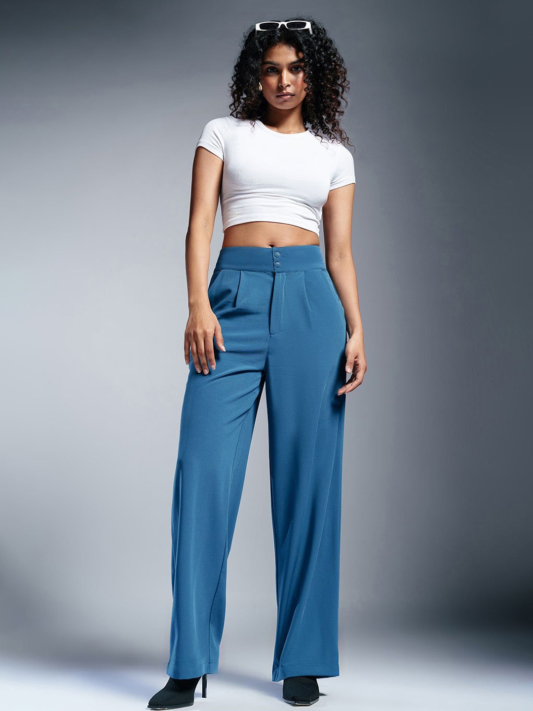 

FREAKINS Sydney Blue Pleated Double Button Korean Pants