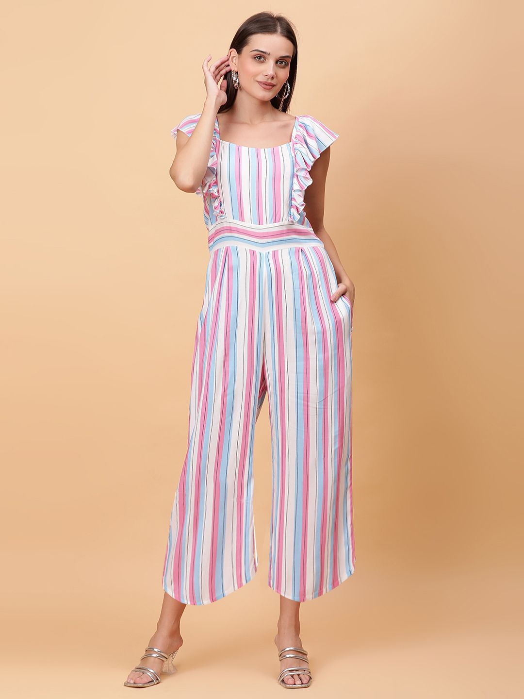 

Unifringe Women Striped Printed Basic Jumpsuit, Pink