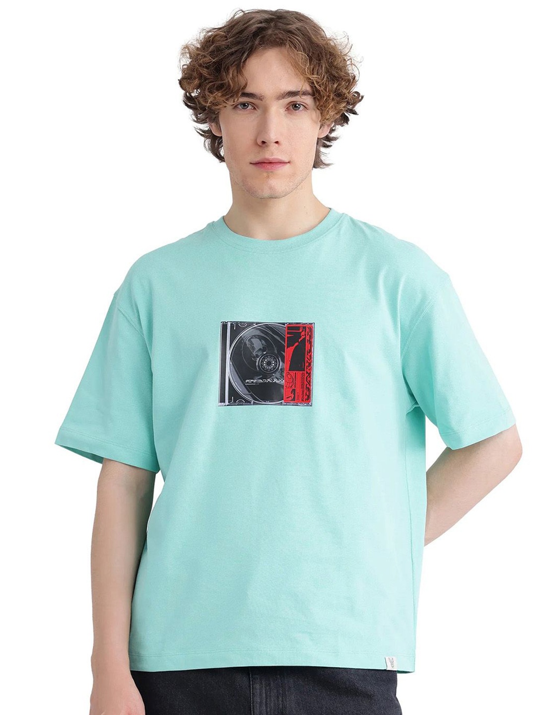

RARE RABBIT Men Graphic Printed Round Neck Cotton T-shirt, Sea green