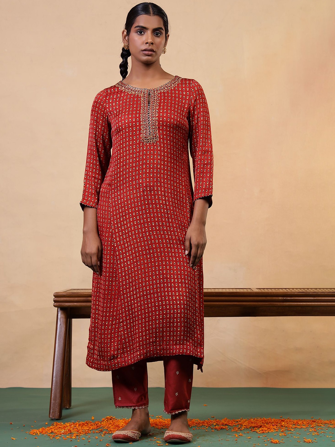 

Folk Song Women Geometric Printed Kurta, Rust