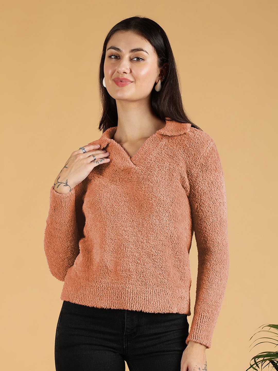 

Kotty Women Shirt Collar Crop Pullover, Orange
