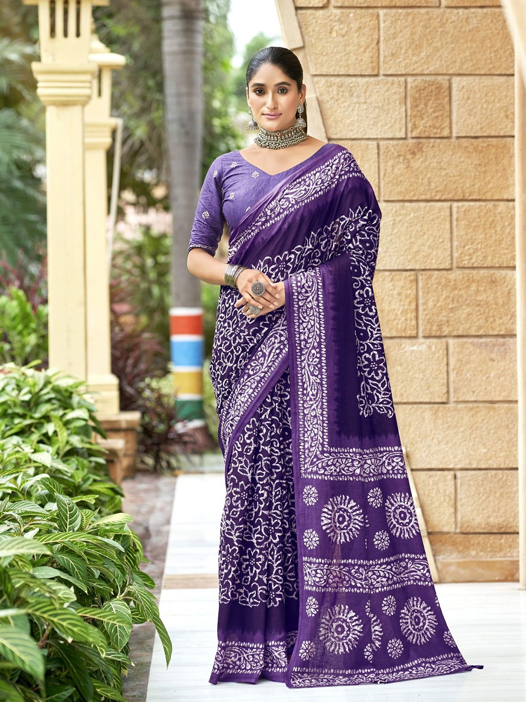 

Chandbaali Pure Cotton Ajrak Printed Bagru Saree, Purple