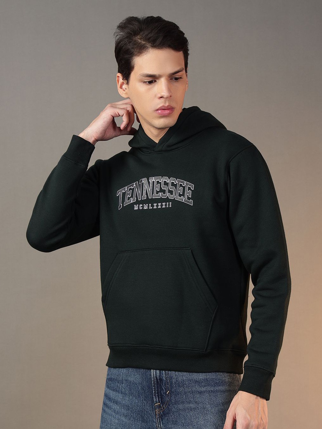 

FCK GOLD Men Typography Printed Hooded Sweatshirt, Green