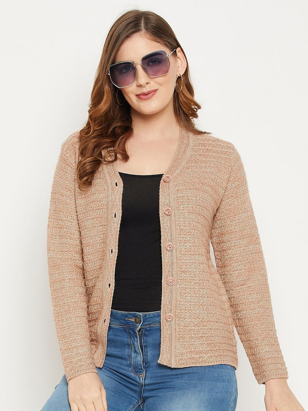 

Zigo Women Cable Knit Woollen Crop Cardigan, Peach