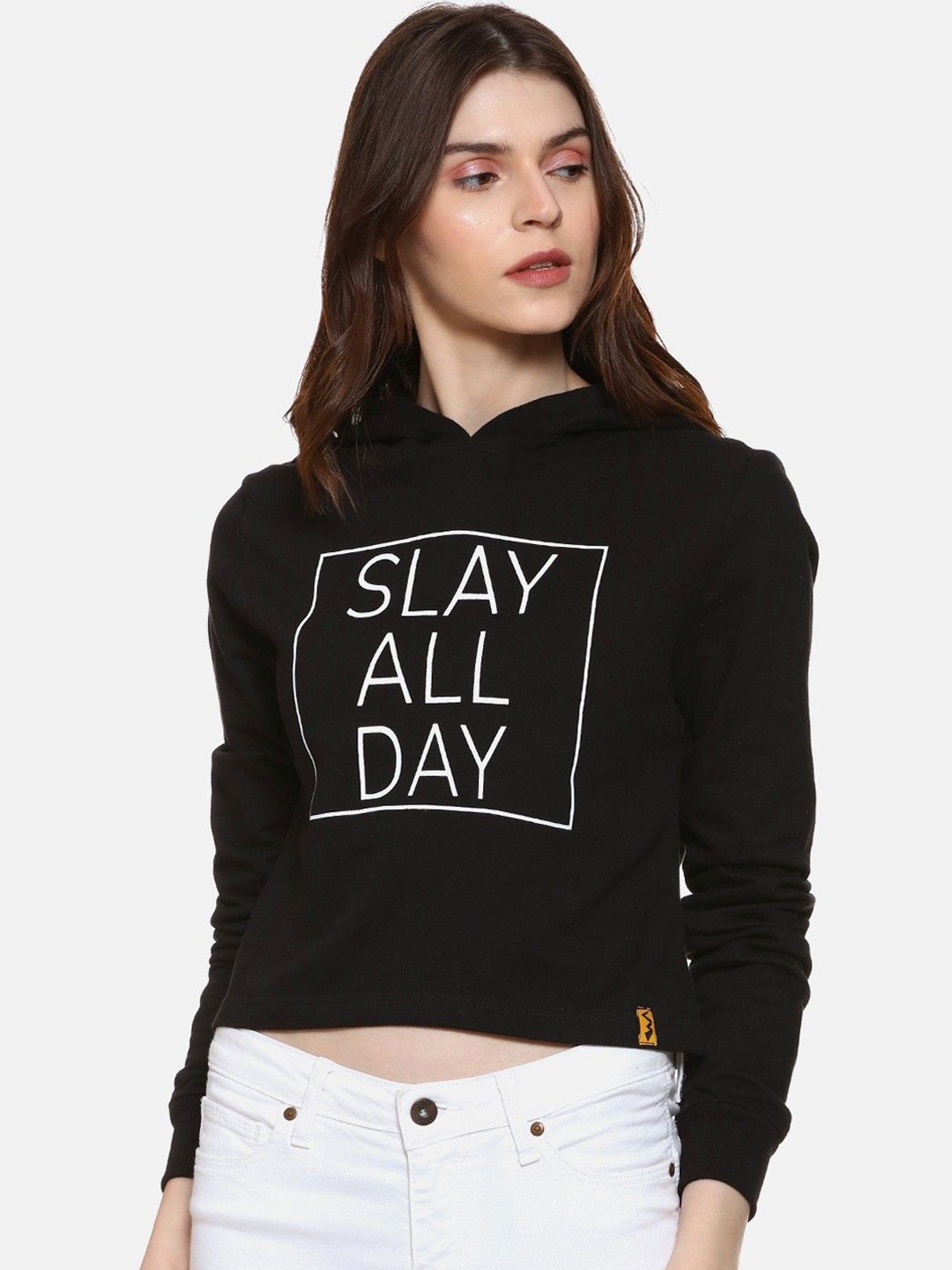 

Campus Sutra Women Cotton Printed Hooded Pullover Sweatshirt, Black