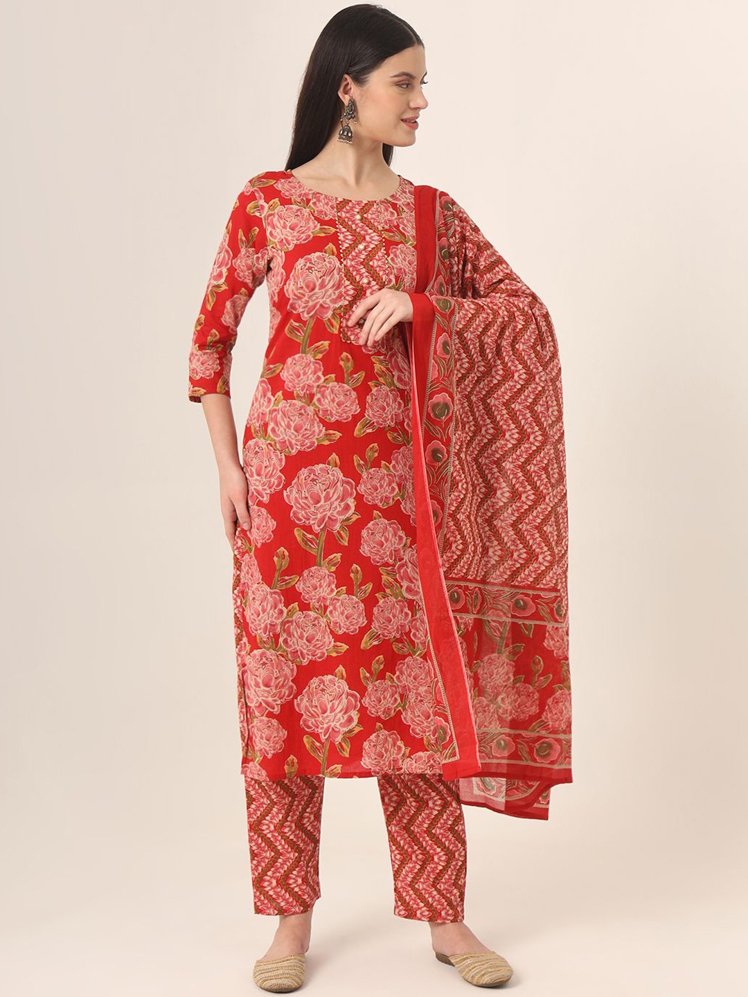 

Yufta Women Floral Printed Regular Pure Cotton Kurta with Trousers & With Dupatta, Red