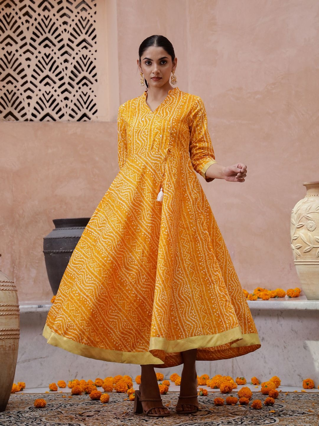 

Sangria Women Ethnic Printed Pure Cotton Fit and Flare Dress, Yellow
