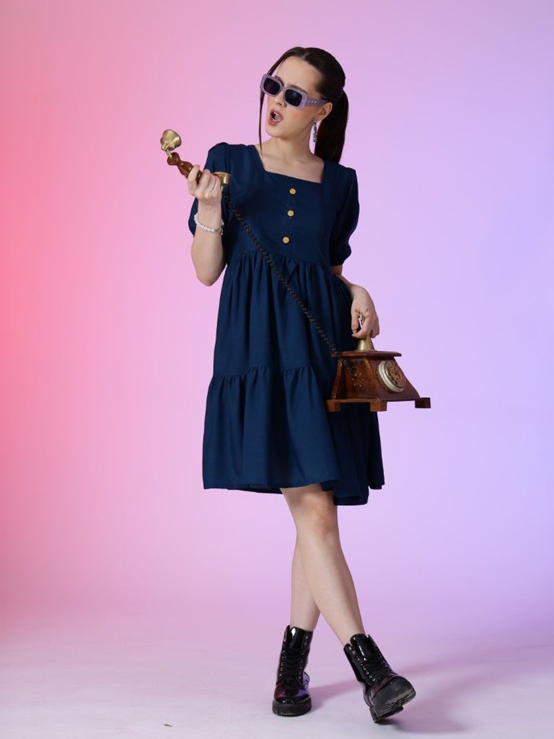 

Femvy Women Fit & Flare Knee Length Tiered Dress, Blue