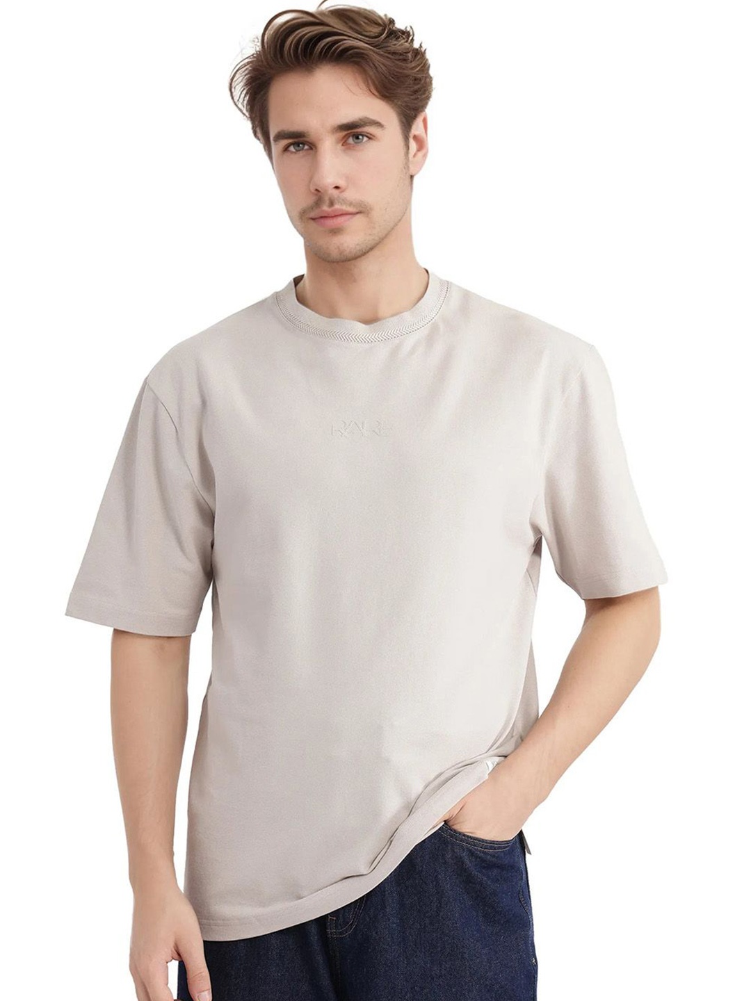 

RARE RABBIT Men Solid Round Neck Cotton Oversized T-shirt, Beige