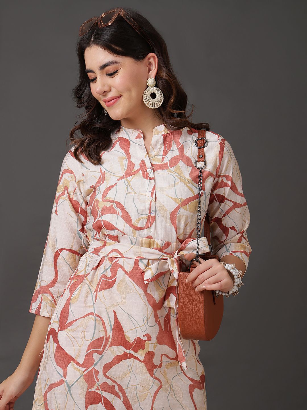 

Anouk Women Floral Printed Mandarin Collar A-Line Dress With Belt, Off white