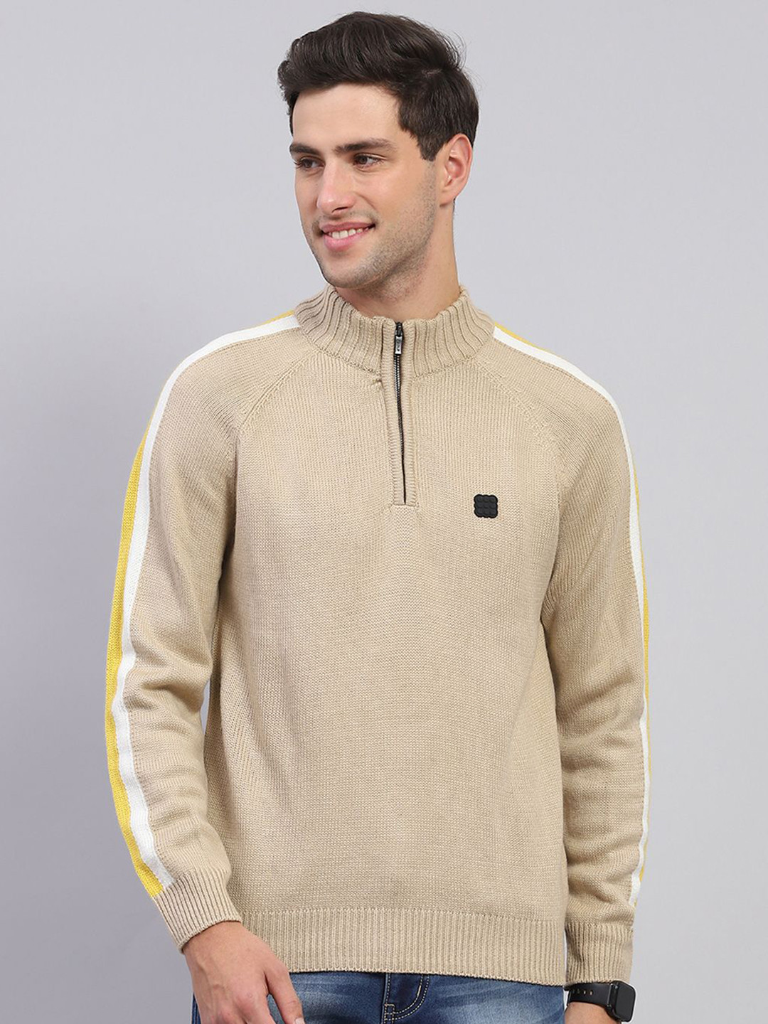 

rock.it Men Mock Collar Long Sleeves Pullover, Beige