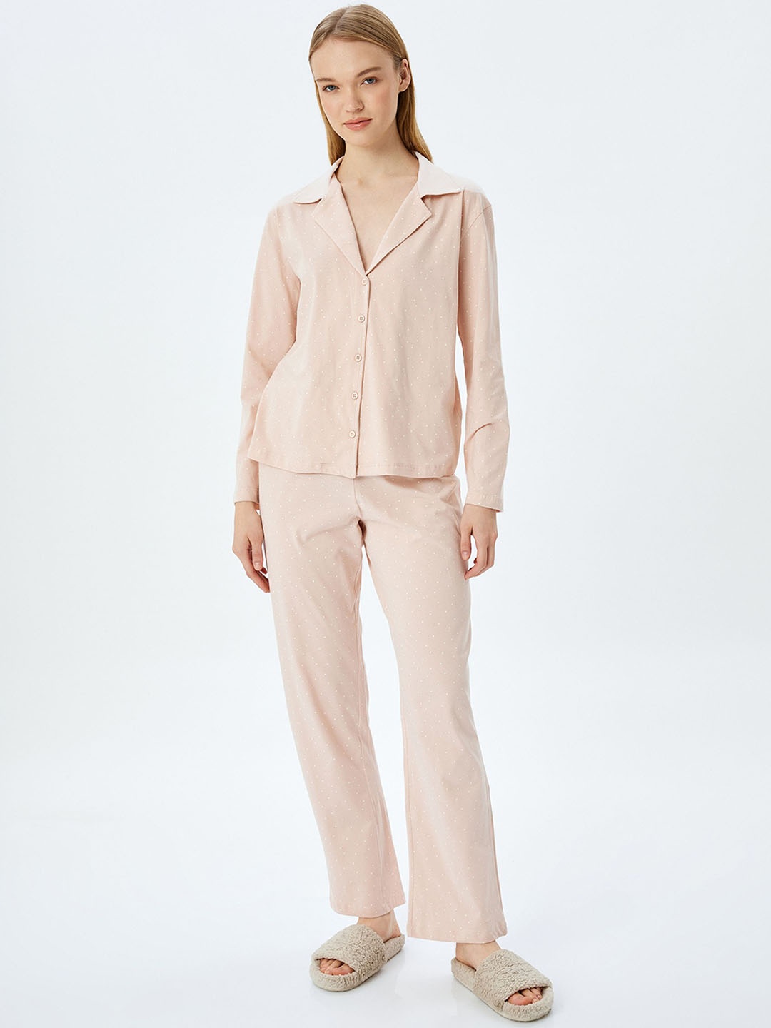 

Koton Women Polka Dots Pure Cotton Shirt & Pyjamas Night suit, Pink