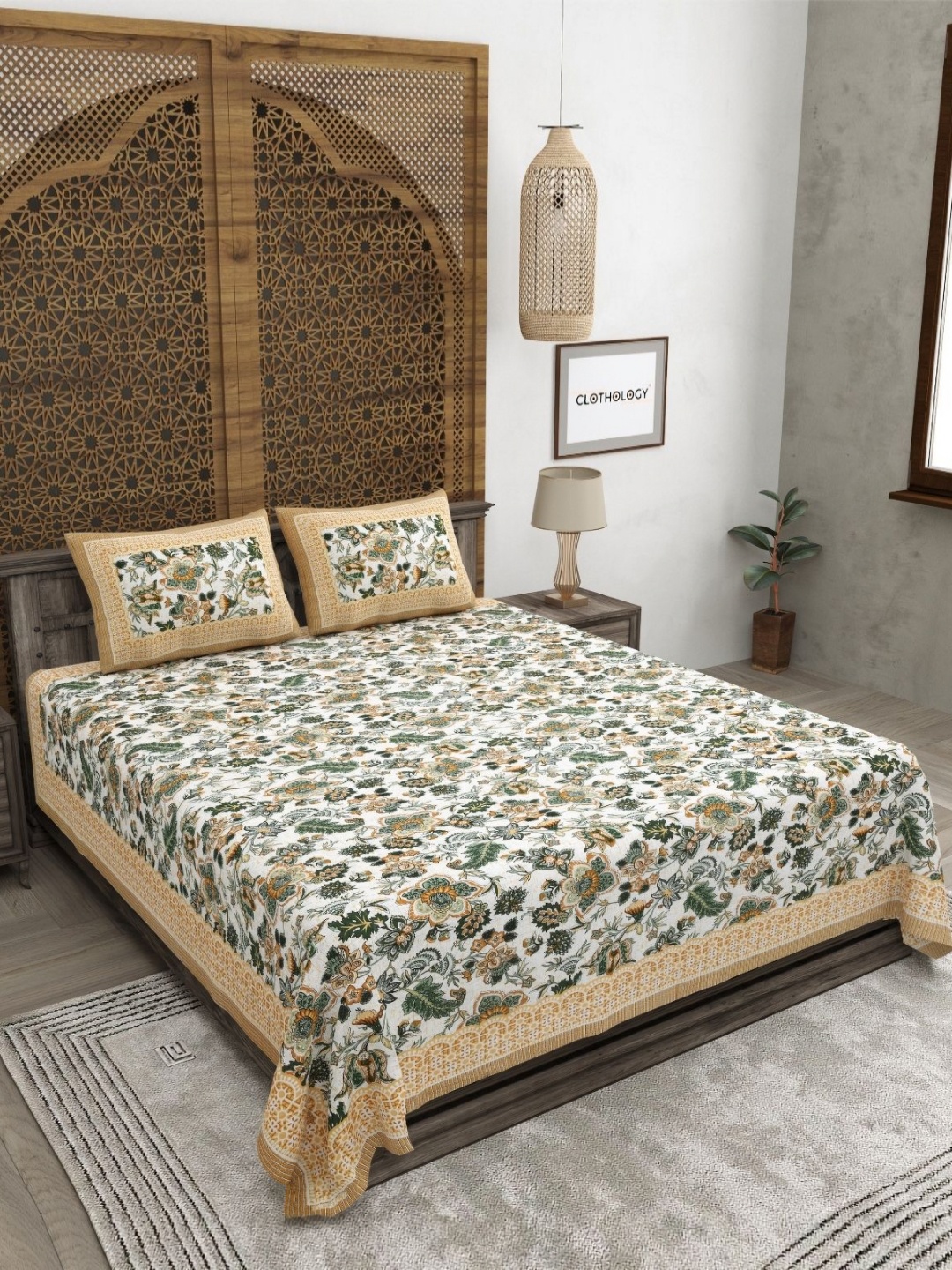 

CLOTHOLOGY Green & Beige Floral 180 TC Pure Cotton King Bedsheet Set-2.75 m x 2.25 m