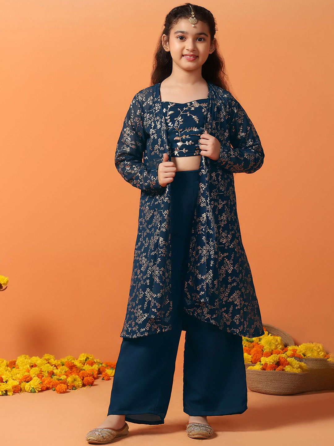 

FASHION DREAM Printed Top with Palazzos & Shrug, Navy blue
