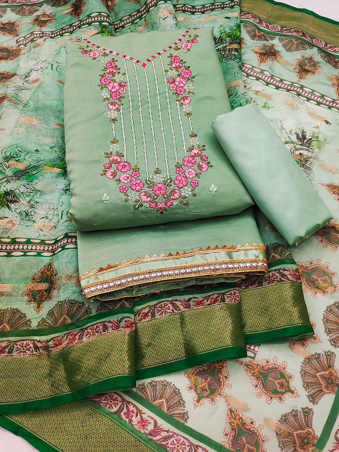 

Panzora Embroidered Art Silk Unstitched Dress Material, Green