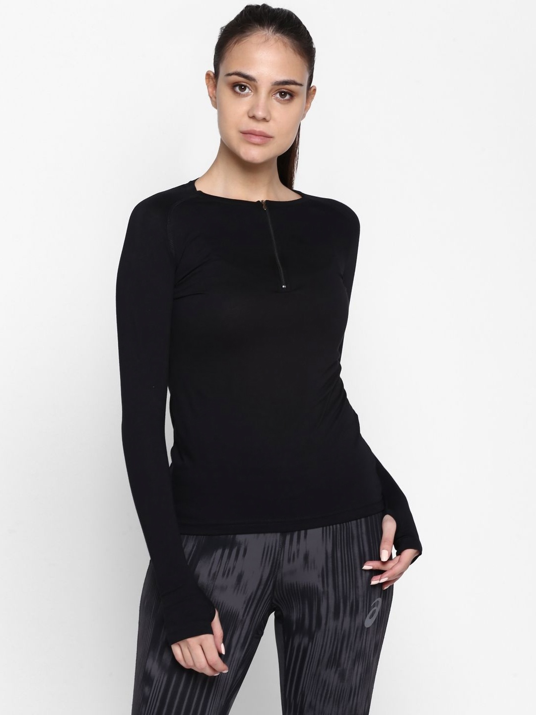 

appulse Women High Neck Extended Sleeves Cut Outs Slim Fit T-shirt, Black