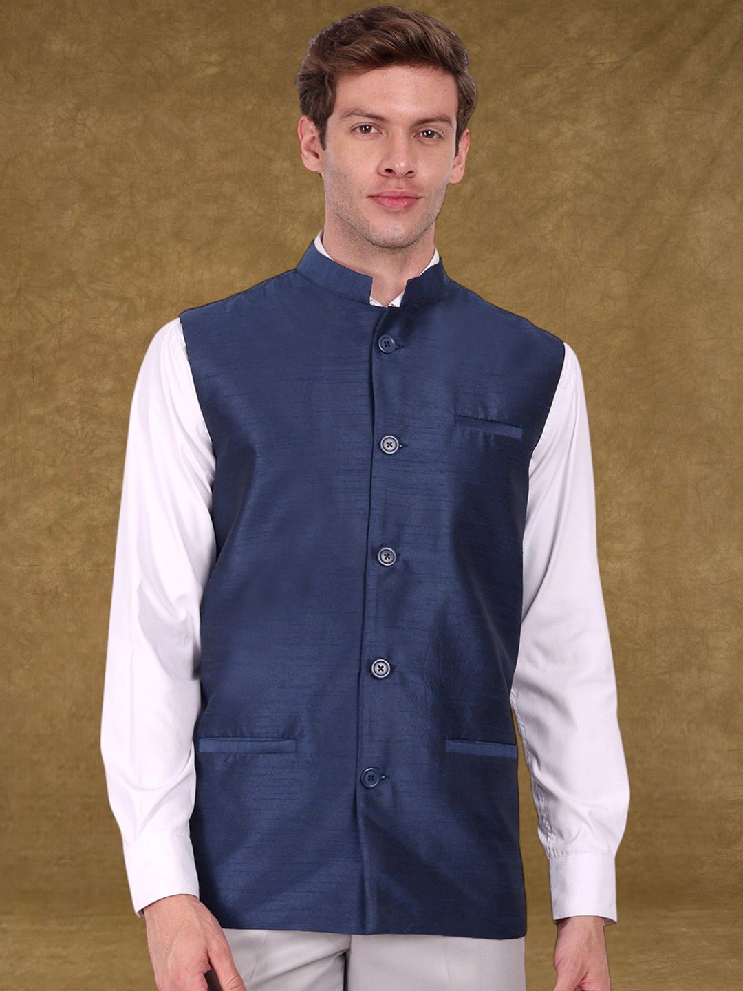 

SKAVIJ Men Mandarin Collar Nehru Jacket, Blue