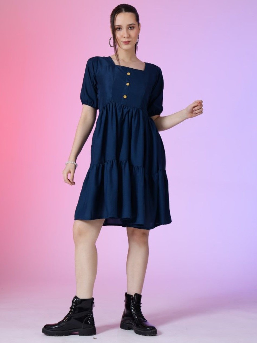 

Raiyani Enterprise Women Fit & Flare Knee Length Tiered Dress, Blue