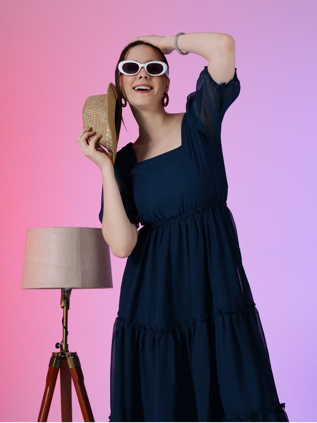 

Raiyani Enterprise Women Puff Sleeve Fit & Flare Dress, Blue