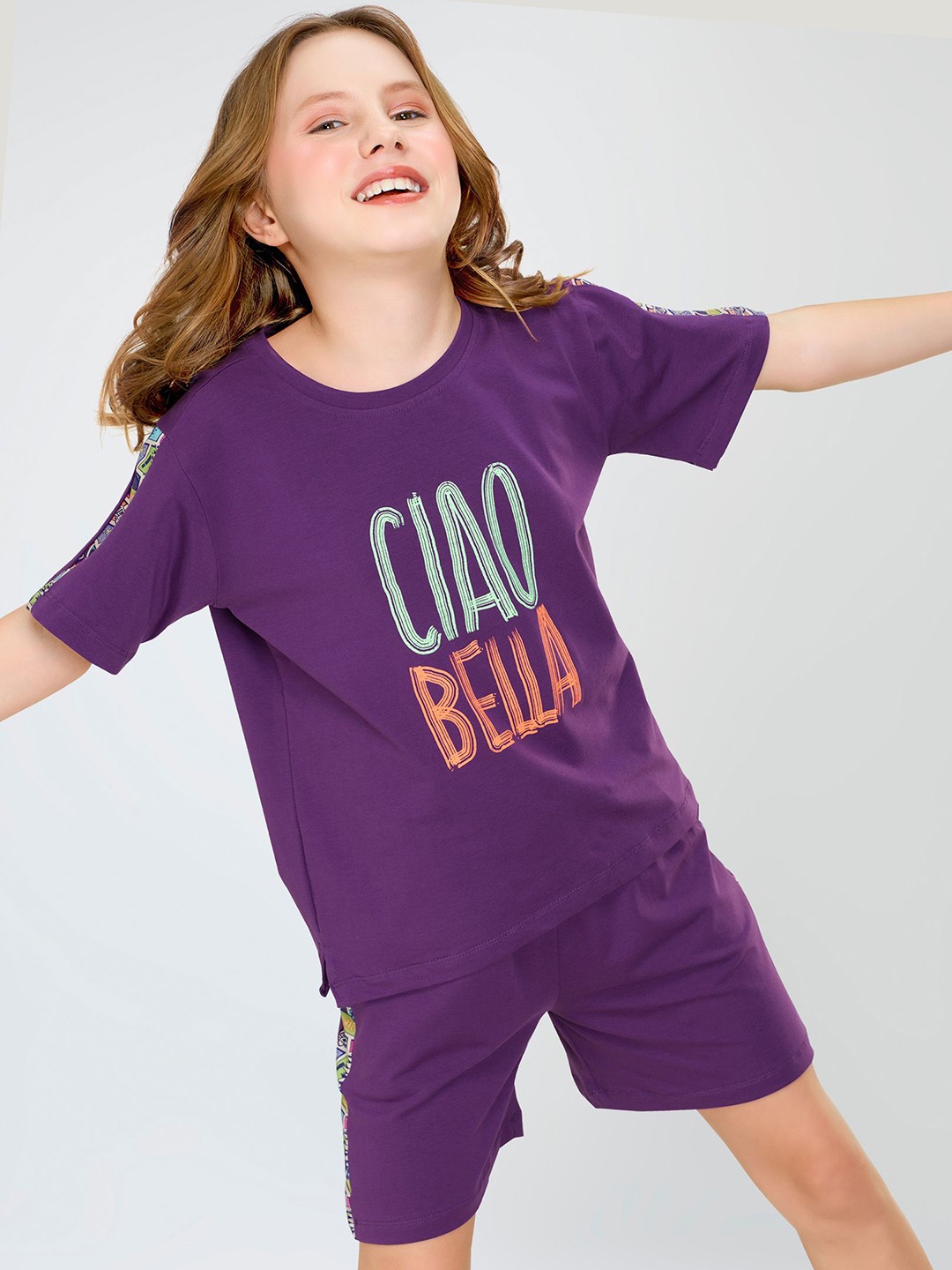 

Zeyo Girls Typography Printed Night suit, Purple