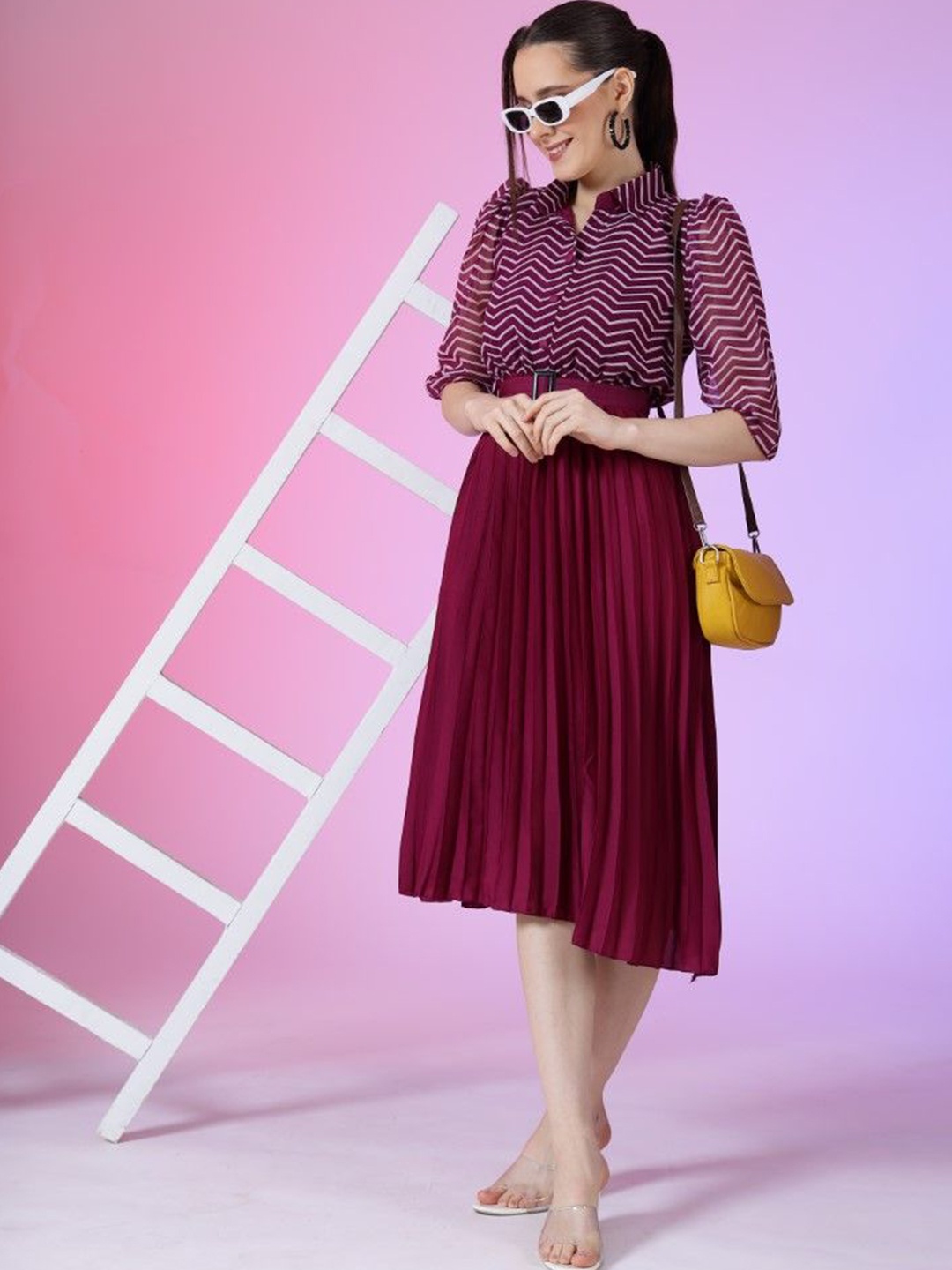 

Krunal Raiyani Women Shirt Collar Georgette Fit & Flare Dress, Magenta