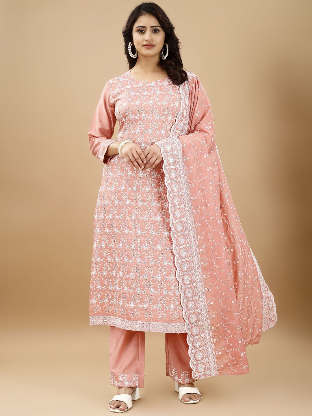 

Glomee Women Ethnic Motifs Embroidered Layered Mirror Work Kurta with Pyjamas & With Dupatta, Peach