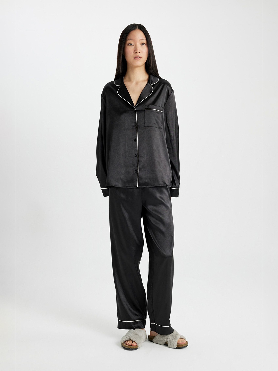 

DeFacto Shirt & Trousers Night Suits, Black