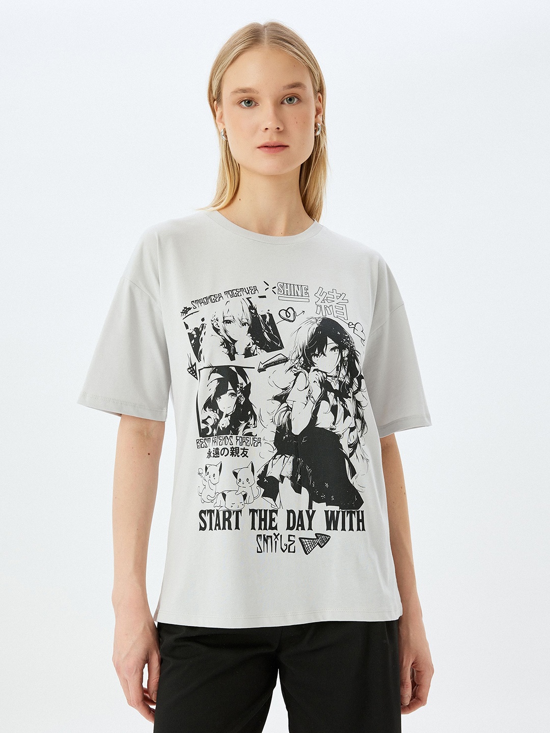 

Koton Women Graphic Printed Round Neck Cotton Oversized T-shirt, Off white