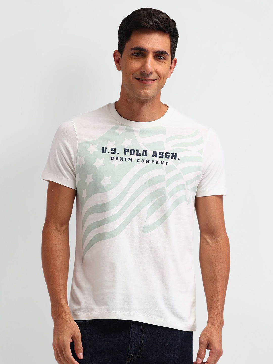 

U.S. Polo Assn. Denim Co. Men Brand Logo Printed Round Neck Cotton Slim Fit T-shirt, White
