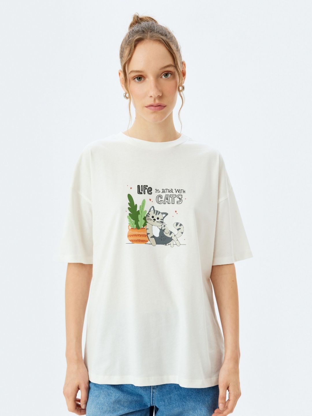 

Koton Women Graphic Printed Round Neck Cotton T-shirt, Beige