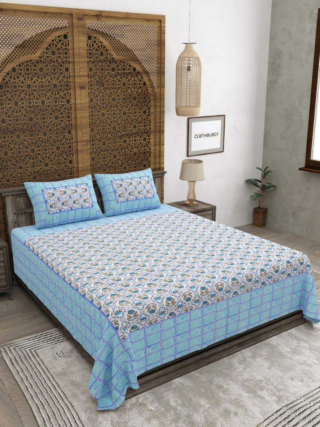 

CLOTHOLOGY White Floral 180 TC Pure Cotton King Bedsheet Set-2.75 m x 2.25 m, Turquoise blue