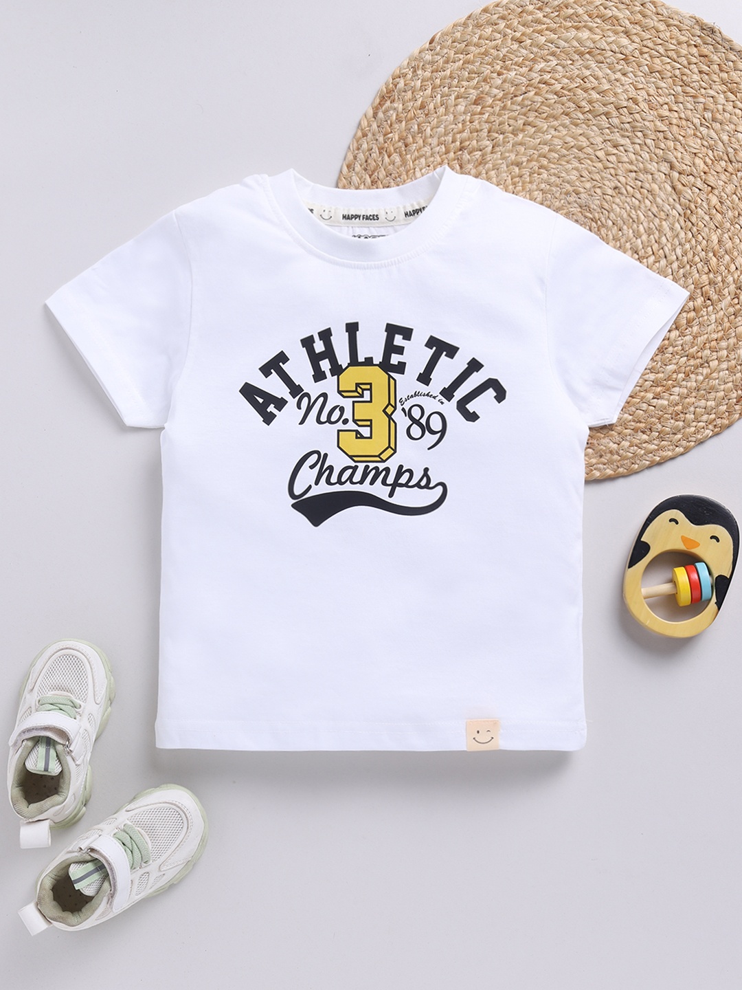 

Happy Faces Boys Pure Cotton Typography Printed T-shirt, White