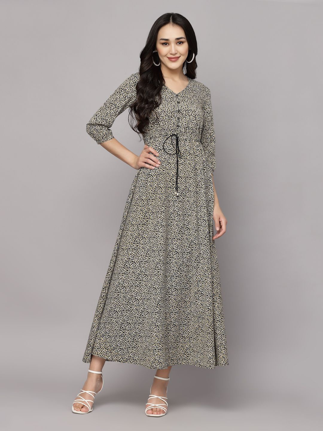 

BAESD Women Floral Print V-Neck Lace-Up Maxi Dress, Black