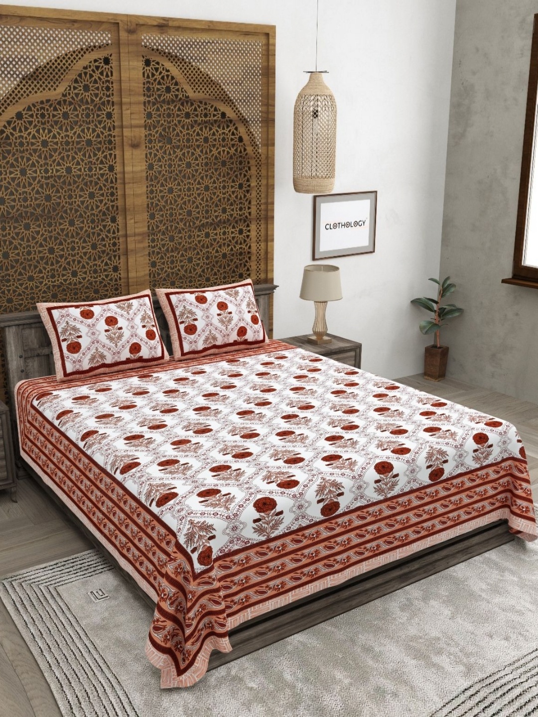 

CLOTHOLOGY Orange-Coloured Floral 180 TC Pure Cotton King Bedsheet Set-2.75 m x 2.25 m