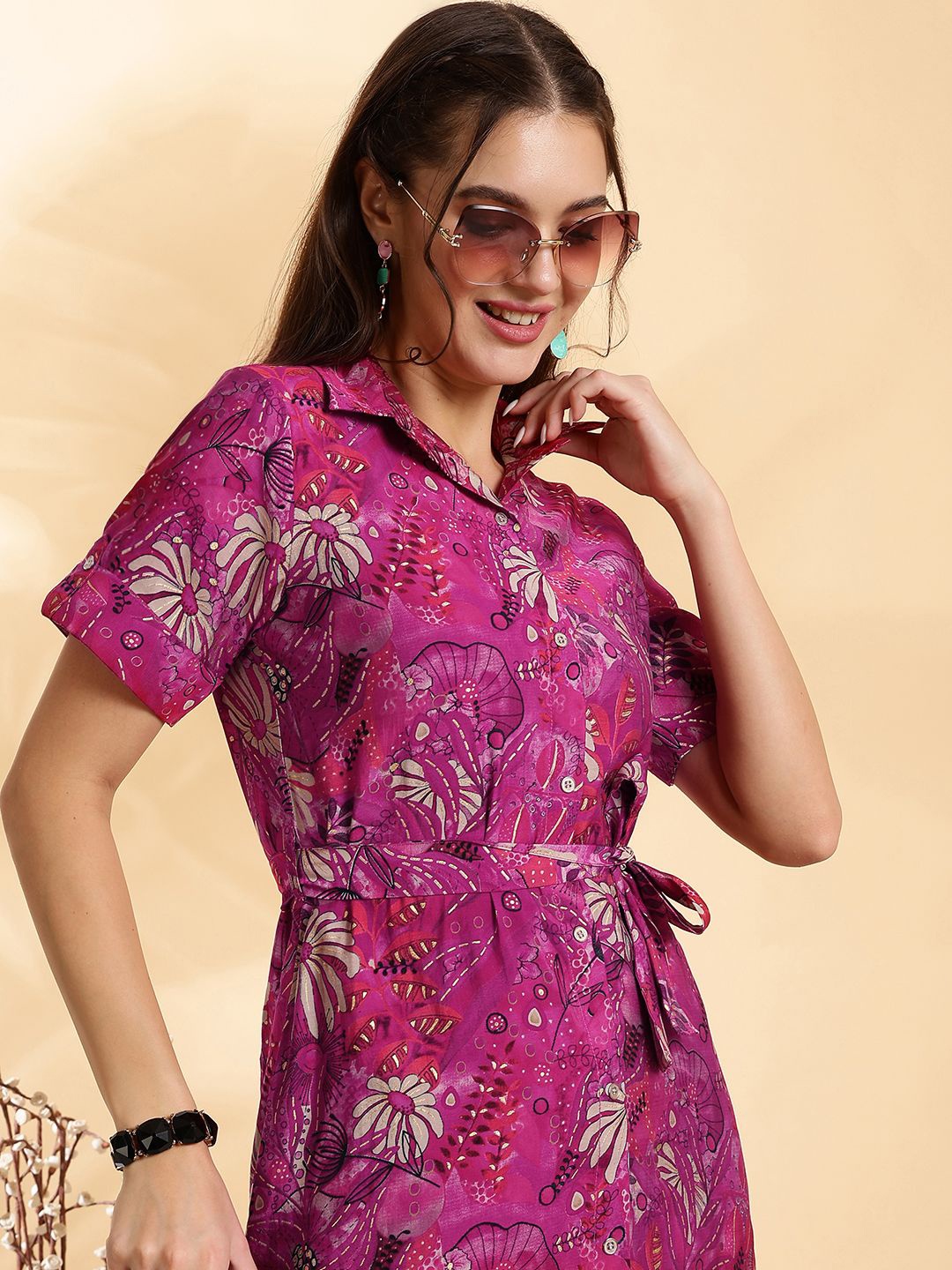 

Anouk Women Silk Printed Shirt Dress With Belt, Magenta